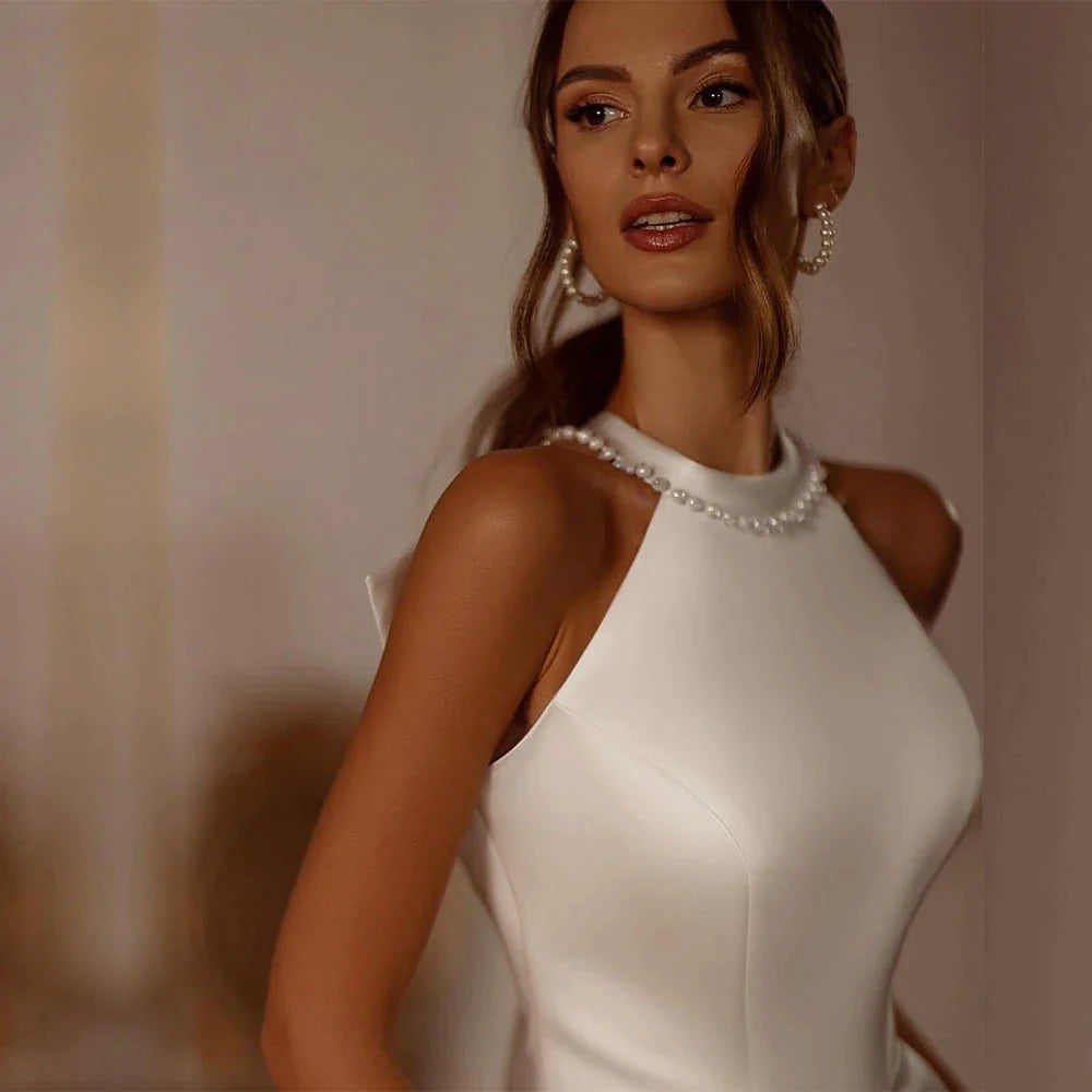 Vestido de novia elegante con cuello Halter y perlas, sin mangas, con abertura larga y lazo en la espalda, corte en A, vestido de novia sencillo con manchas 