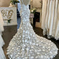 Correas espaguetis ilusión sirena vestidos de novia con cuello en v espalda abierta 3D vestidos de novia de encaje floral Vestidos De Novia 