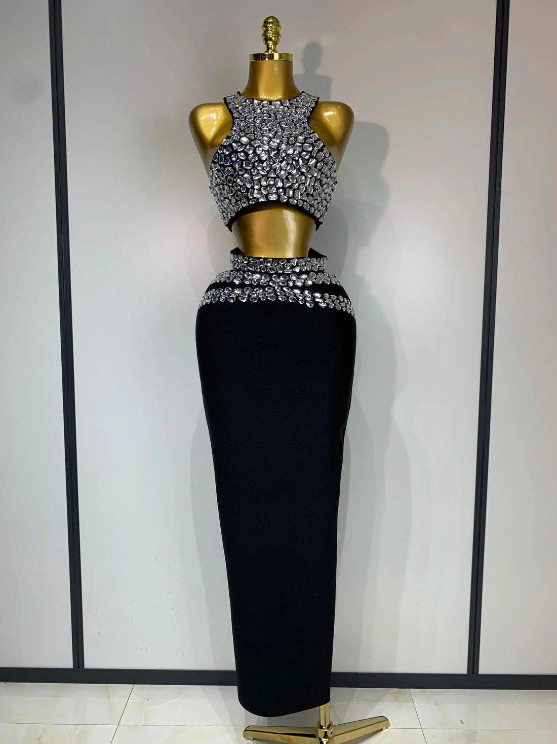 Sparkly Crystal Bodycon Long Bandage Dress Women Sexy Top Two Pieces Set Nightclub Elegant Party Birthday Stage Costume black