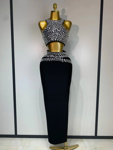Sparkly Crystal Bodycon Long Bandage Dress Women Sexy Top Two Pieces Set Nightclub Elegant Party Birthday Stage Costume black