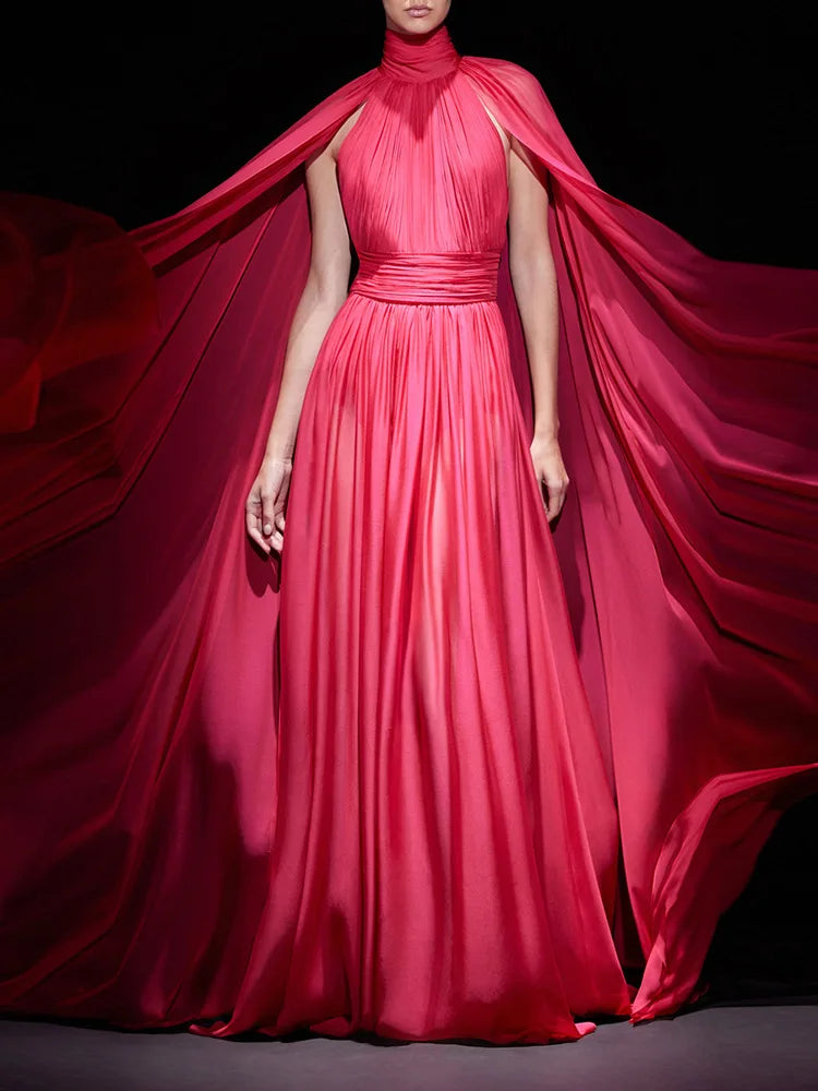 Red Color Women Fashion Cloak Sleeve Slim Floor-length Dress Elegant Eveening Party Celebrate Prom Outfit Red