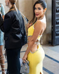 Lemon Yellow Sexy Hollow Out Sparkling Diamonds Ankle Length Bandage Dress Elegant Woman Evening Party Outfit