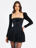 Sexy Women's Christmas Dress Lace Square Collar Bubble Long Sleeve Slimming Bareback Drawstring pleated Mini Dress Vestidos black