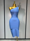 Women Bodycon Bandage Dress One Shoulder Sleeveless Sexy Backless Dress Cocktail Evening Party Vestidos Luxury Birthday Dresses SKY BLUE