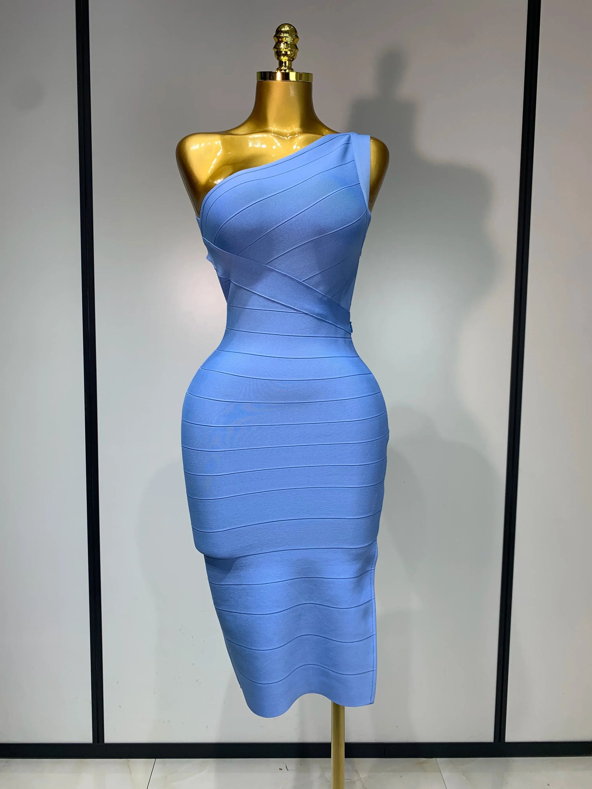 Women Bodycon Bandage Dress One Shoulder Sleeveless Sexy Backless Dress Cocktail Evening Party Vestidos Luxury Birthday Dresses SKY BLUE