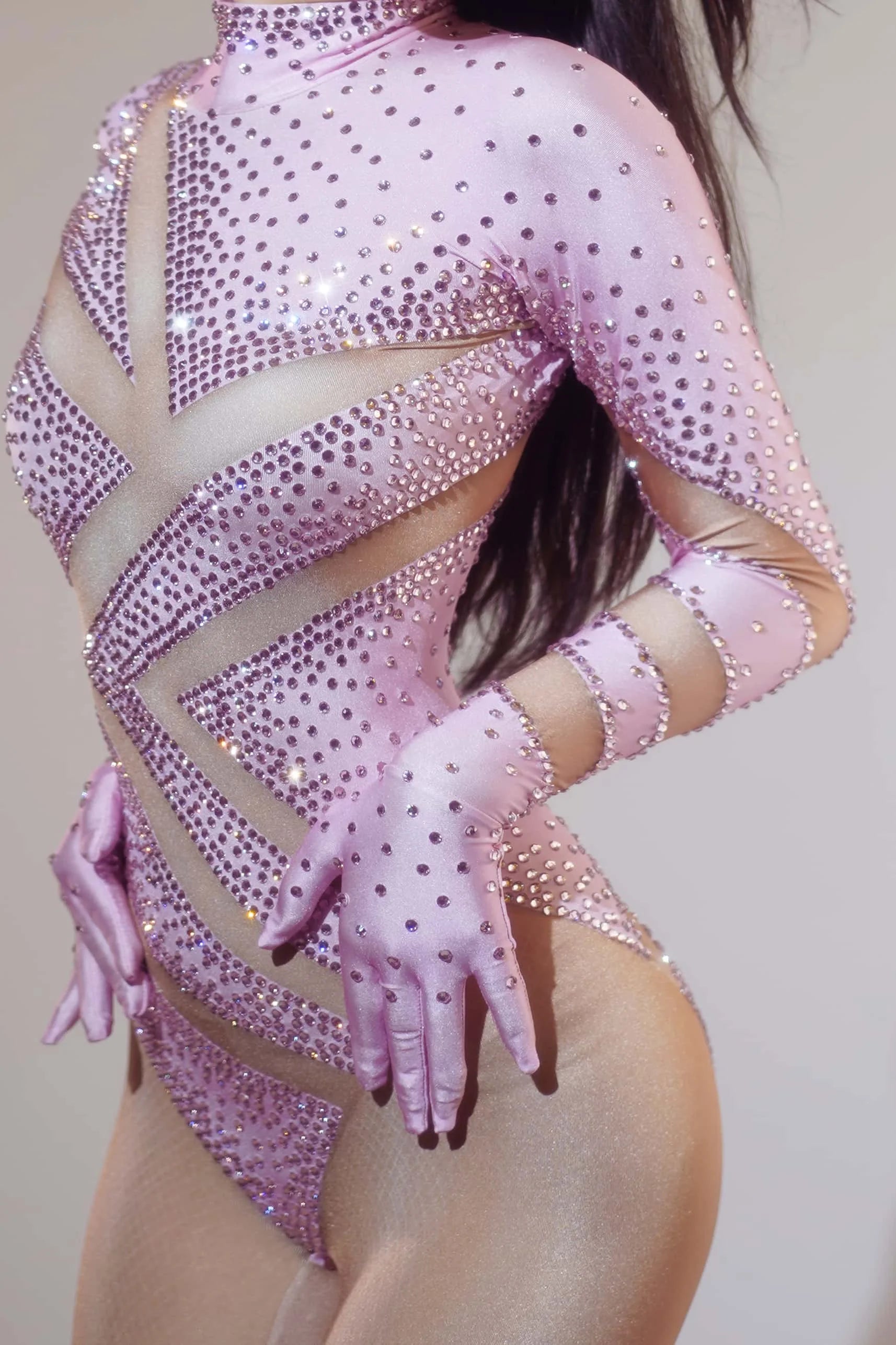 Women Long Sleeve Rhinestone Spandex Jumpsuit Birthday Prom Costume Nightclub Stage Performance Bodycon Rompers Hot Design Jimu Pink One Size