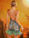 Dazzling Green Red Sequin-Embroidered Strappy Mini Dress Party Spotlight Skirt