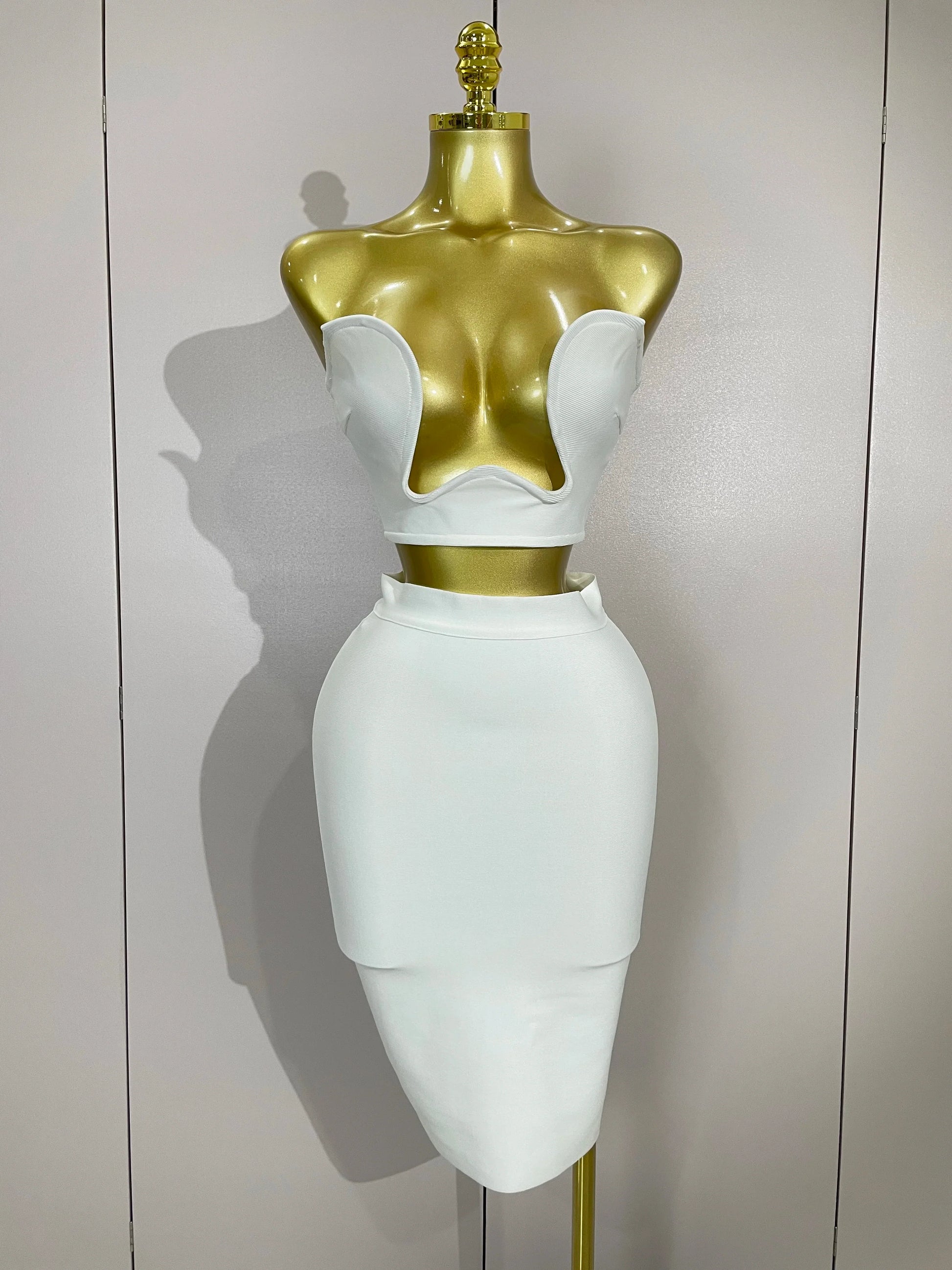 Women Sexy Strapless Backless Black Bandage Two Piece Suit Celebrity Designer Fashion Birthday Gown Evening Prom Costume WHITE