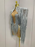 Luxury Sparkly Rhinestone Sequin Tassel Coat Skirt 2Pcs Women Birthday Party Nightclub Stage Performance Costume