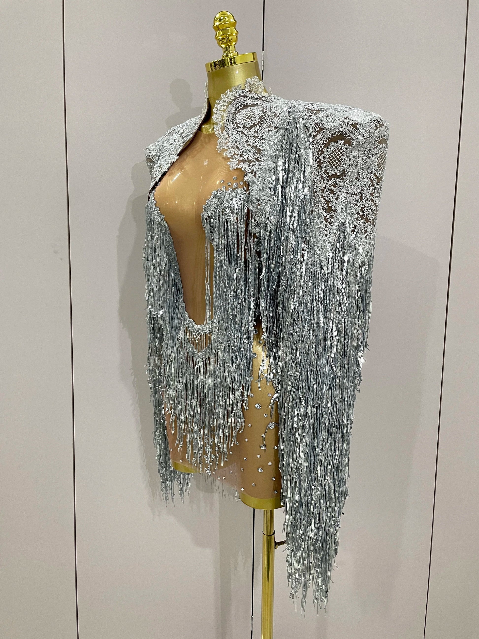 Luxury Sparkly Rhinestone Sequin Tassel Coat Skirt 2Pcs Women Birthday Party Nightclub Stage Performance Costume