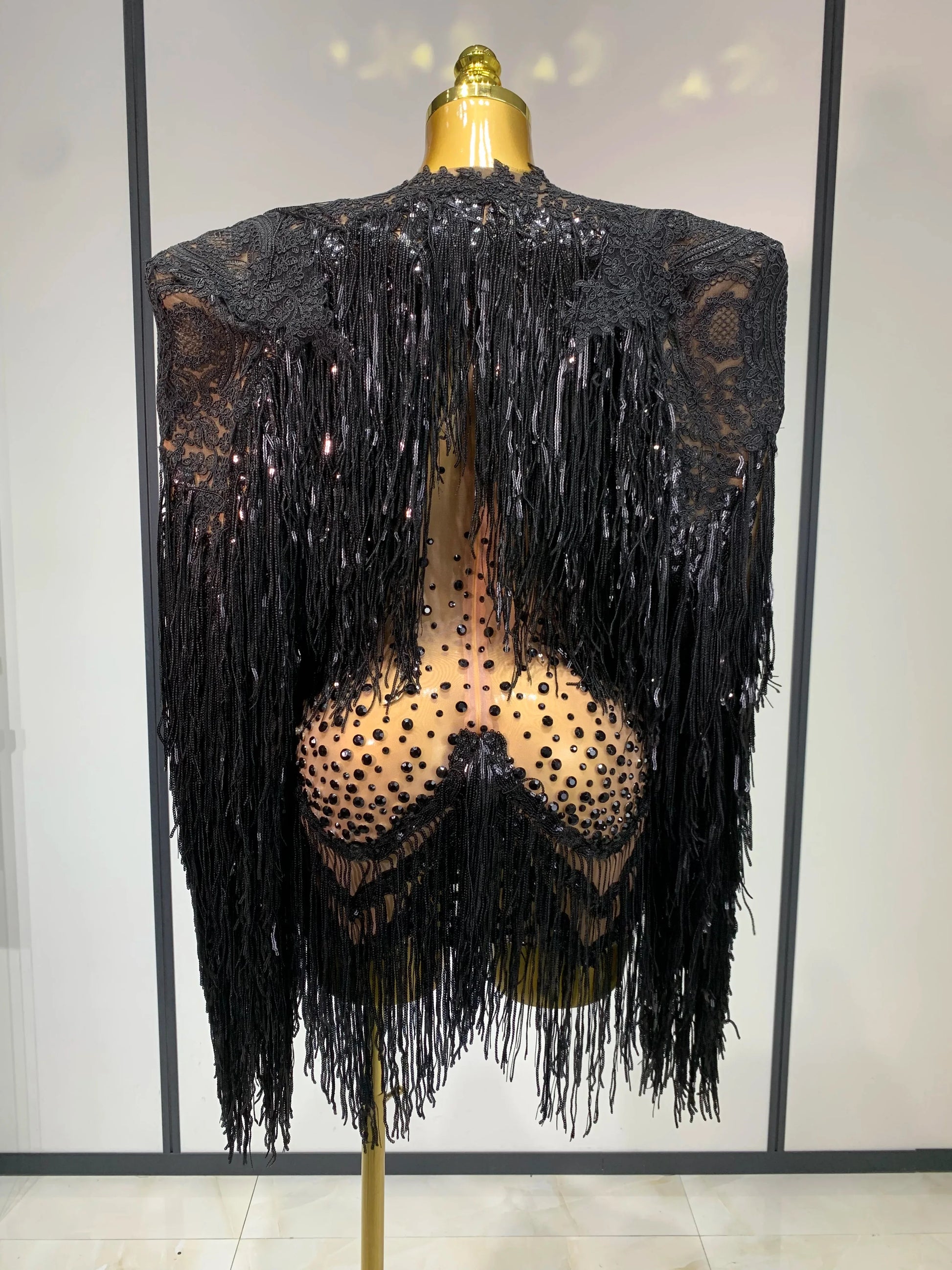 Rhinestones Tassels Mini Dress Suit Luxury Women Sexy See Through Mesh Party Club Dresses Performance Stage Outfit