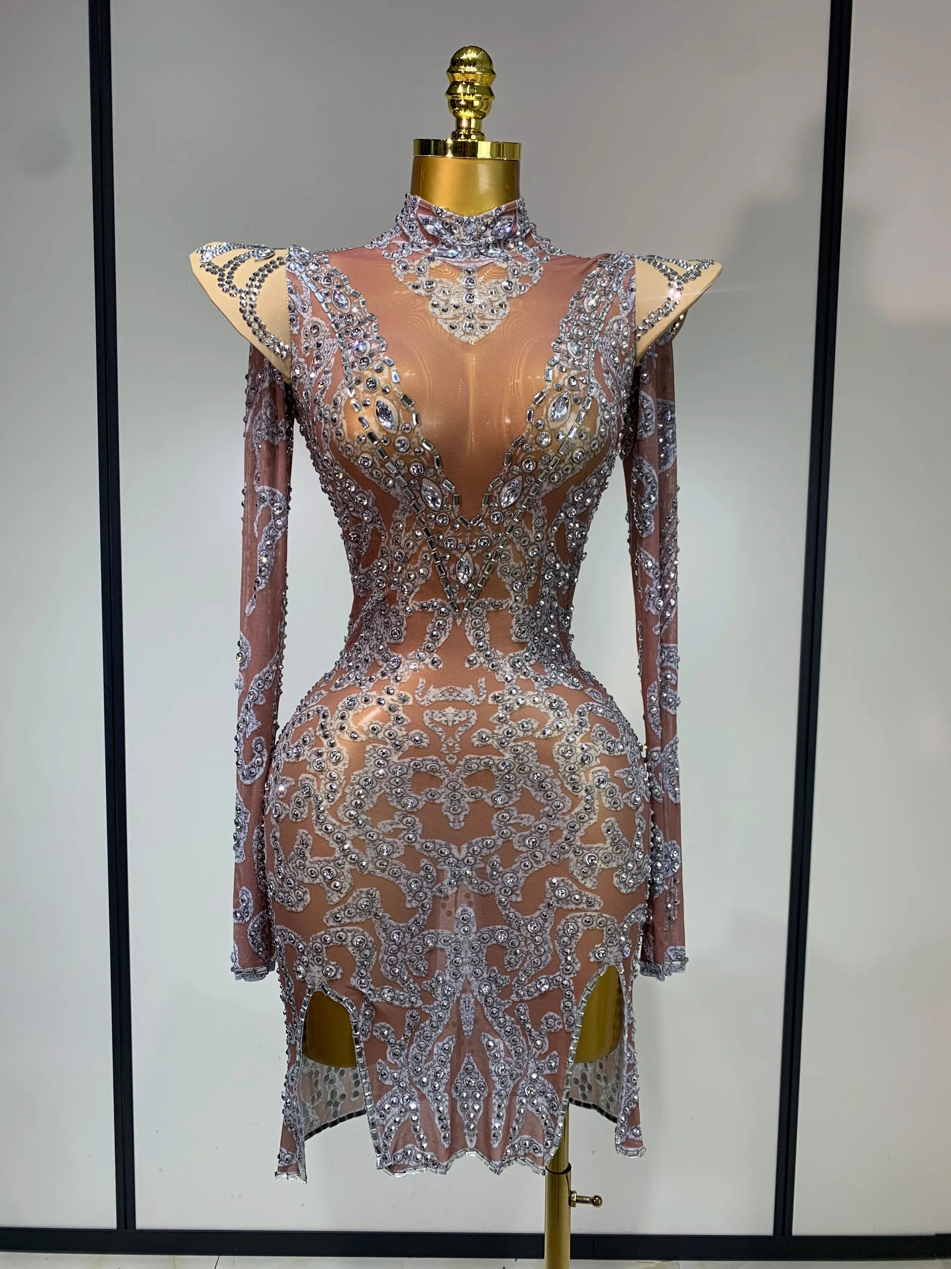 Women Shiny Rhinestones Mesh Transparent Mini Dress Luxury Birthday Celebrate Photoshoot Dress Singer Stage Drag Queen Costume Dark Brown