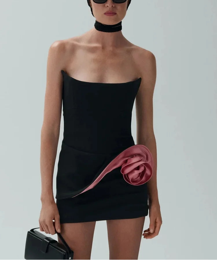 Edgy Strapless Black Mini Dress with Pink Satin Ruffle for a Fashion-Forward Party Gown