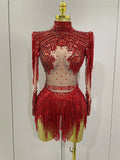 Women Sparkly Rhinestone Sequin Tassel Stretch Bodysuits Birthday Party Nightclub Dj Stage Performance Costume Red