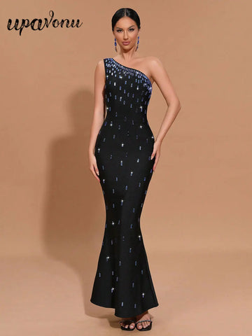 Sexy Women Light Luxury Nail Bead Bandage Dress One Shoulder Slant Neck Sleeveless Bodycon Tail Dress Evening Party Vestido black