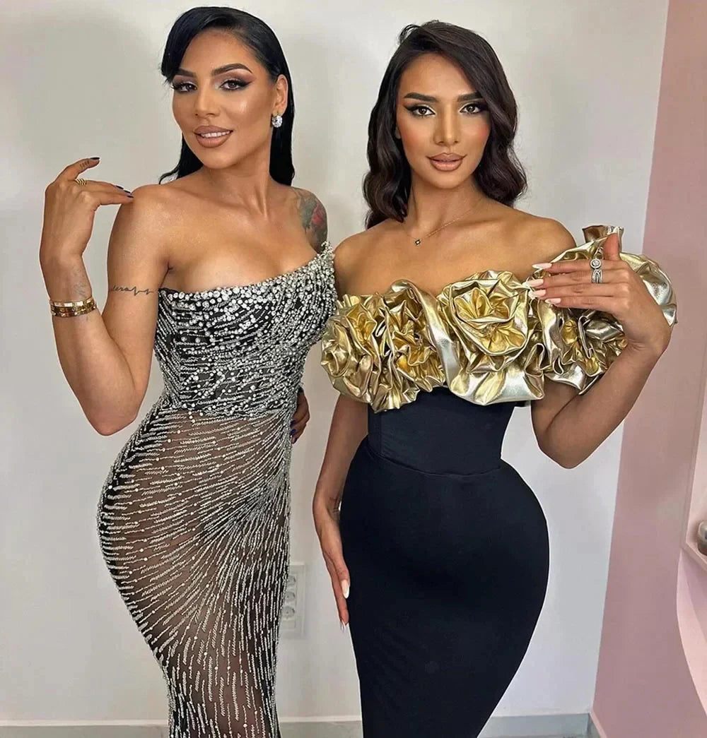 Stereoscopic Gloden Flowers Sexy One Shoulder Ankle Lenght Bandage Dress Woman Birthday Party Vestido Celebrity Party Outfit