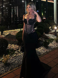 Glamorous Black Halter Sequin Flower Mesh Top Mermaid Dress for Galas Evening Gown
