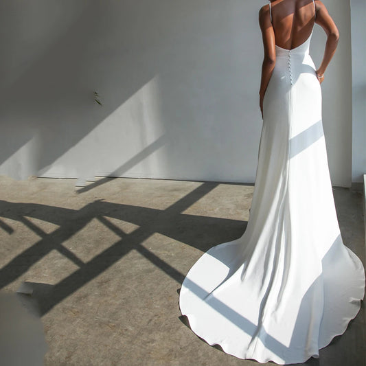 Legant V-Neck Side Split Wedding Dress Open Back Lengan Tanpa Lakan untuk Wanita Mermaid Bridal Gowns Satin Robe De Mariéé