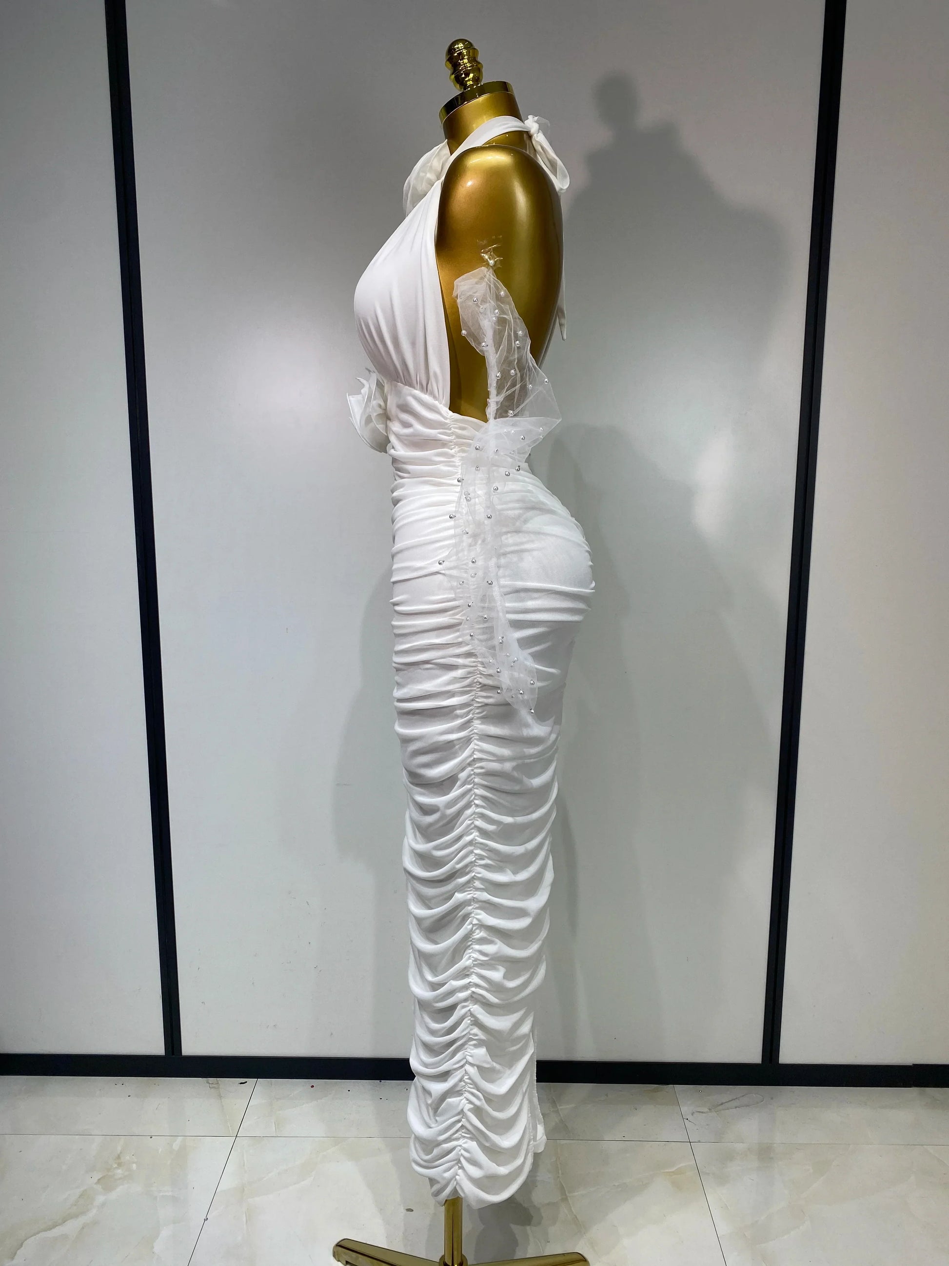 Women Sexy Cut Out Flower Pleated Bodycon Long Dress Celebrity White Elegant Evening Party Cocktail Luxury Birthday Dress
