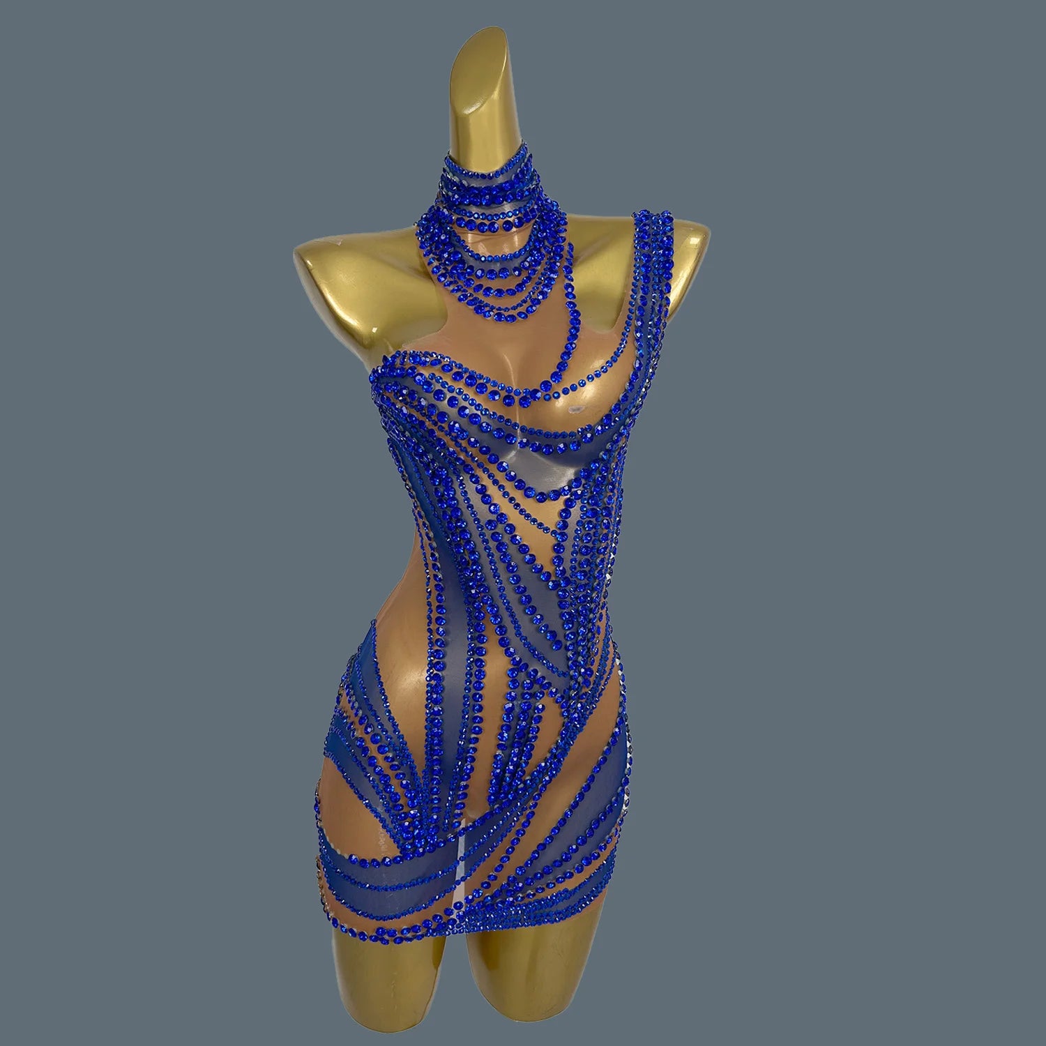 Hot Girl Sparkly Rhinestone Mini Dress Sexy Mesh See Through Party Event Prom Celebrate Birthday Dress Singer Show Wear Liuzhuan Blue One Size