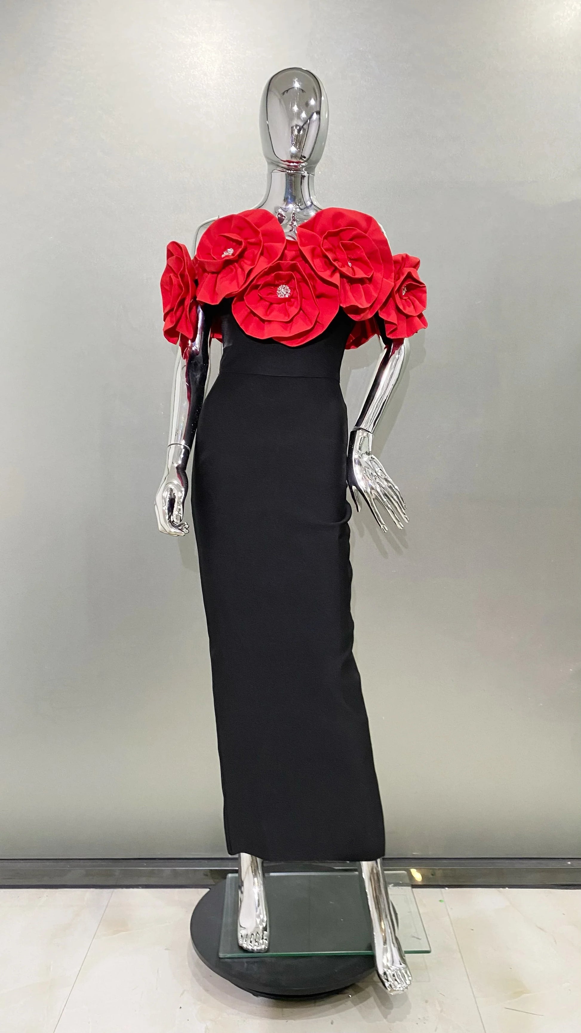 Stereoscopic White Flowers Sexy Off The Shoulder Ankle Lenght Bandage Dress Woman Birthday Party Vestido Wedding Party Outfit Red