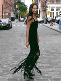 Black Diamond Tassel Spaghetti Straps Long Dress Backless Sleeveless Fringed Patchwork Bodycon Evening Party Gowns