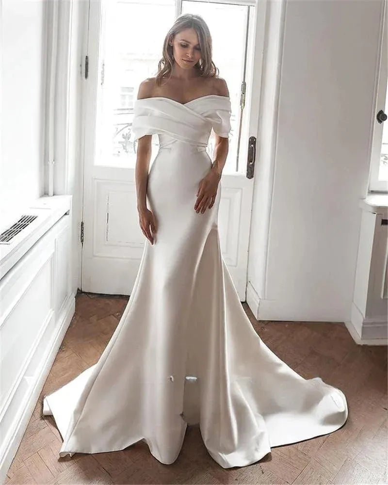 Charming Off-the-Shoulder Satin Mermaid Wedding Dresses Mermaid Sleeves Court Train Customize To Measures Robe De Mariee 14w Satin
