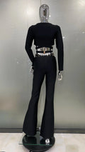 Stylish Res Bandage Woman Set Diamond Chains Backless Halter Cropped top And Waist Chain Flare Pants 2 Pieces Club Party Outfit