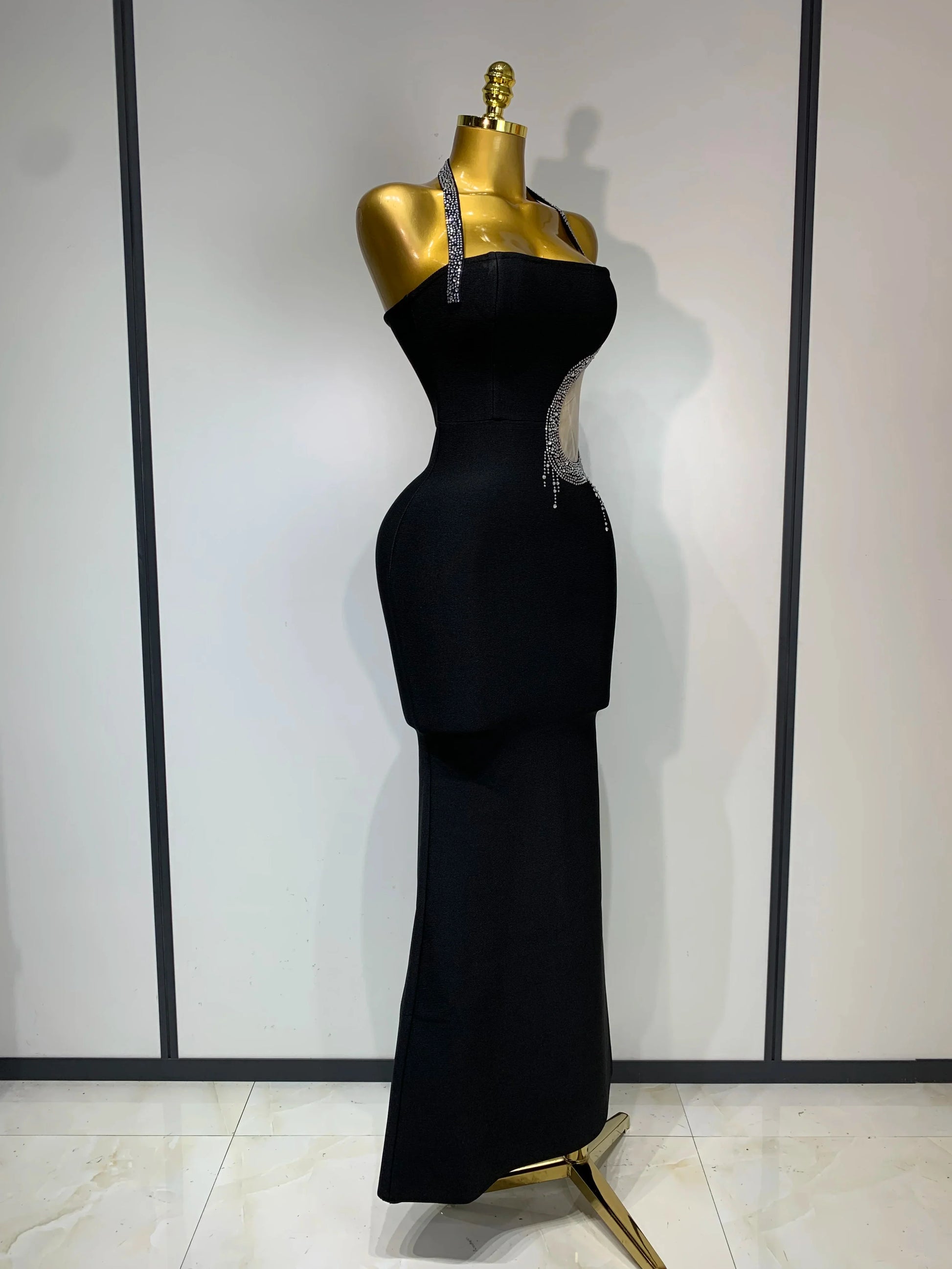 Women Sexy Rhinestone Halter Long Bandage Bodycon Dress Celebrity Elegant Evening Party Luxury Birthday Wedding Dresses