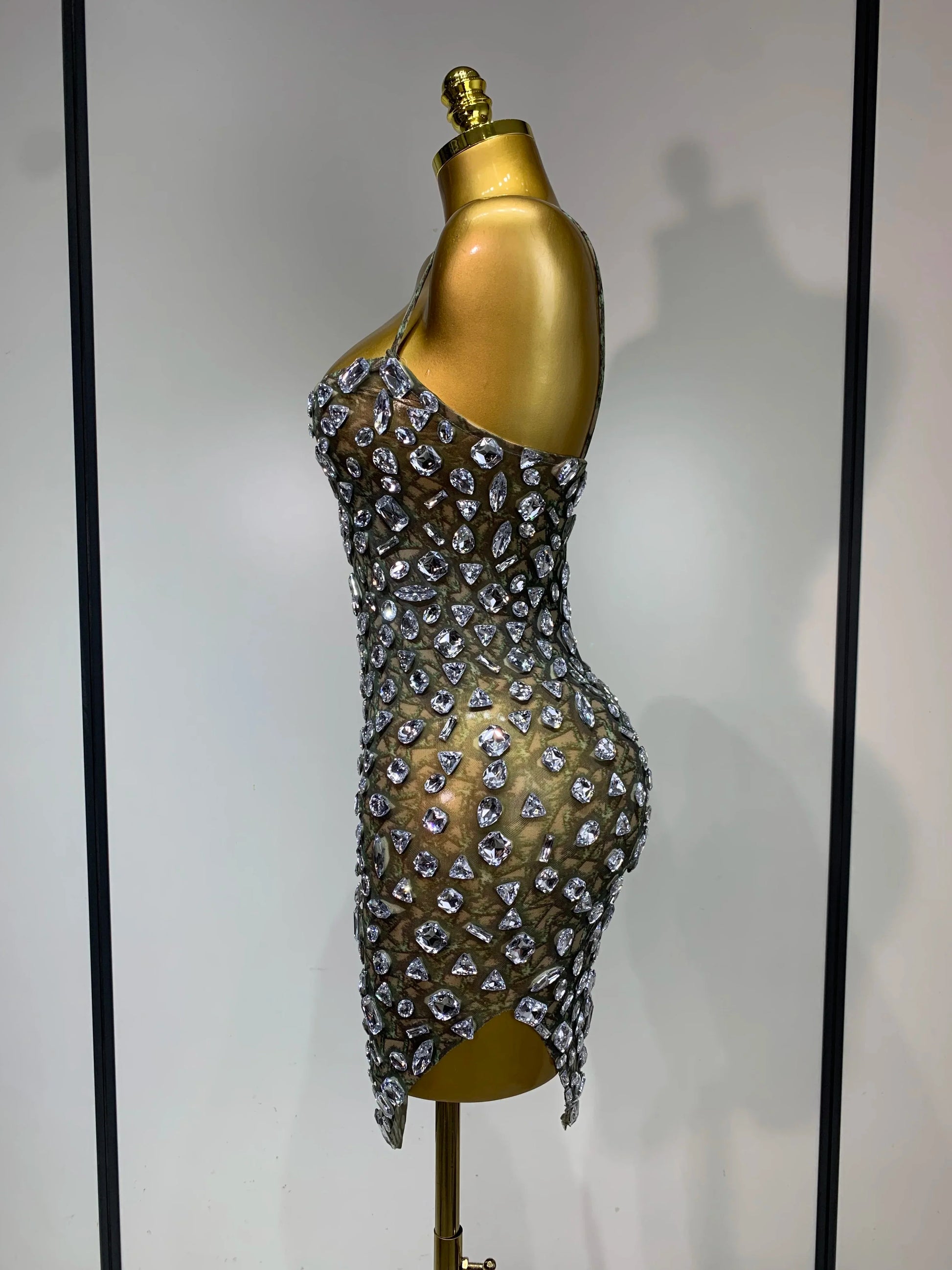 Luxury Diamond Mesh See Through Stretch Bodycon Dress Women Sexy Sleeveless Evening Party Birthday Celebrate Perform Costume