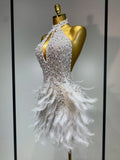 Sexy Halter Backless Feather Pearl Short Party Dress Women Luxury Rhinestone Celebrate Birthday Outfit Performance Dance Costume