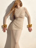 Mesh Ruched Long Dress For Women Fashion Zipper Patchwork See Through Long Sleeves Pleated Cocktail Club Party Wear Beige