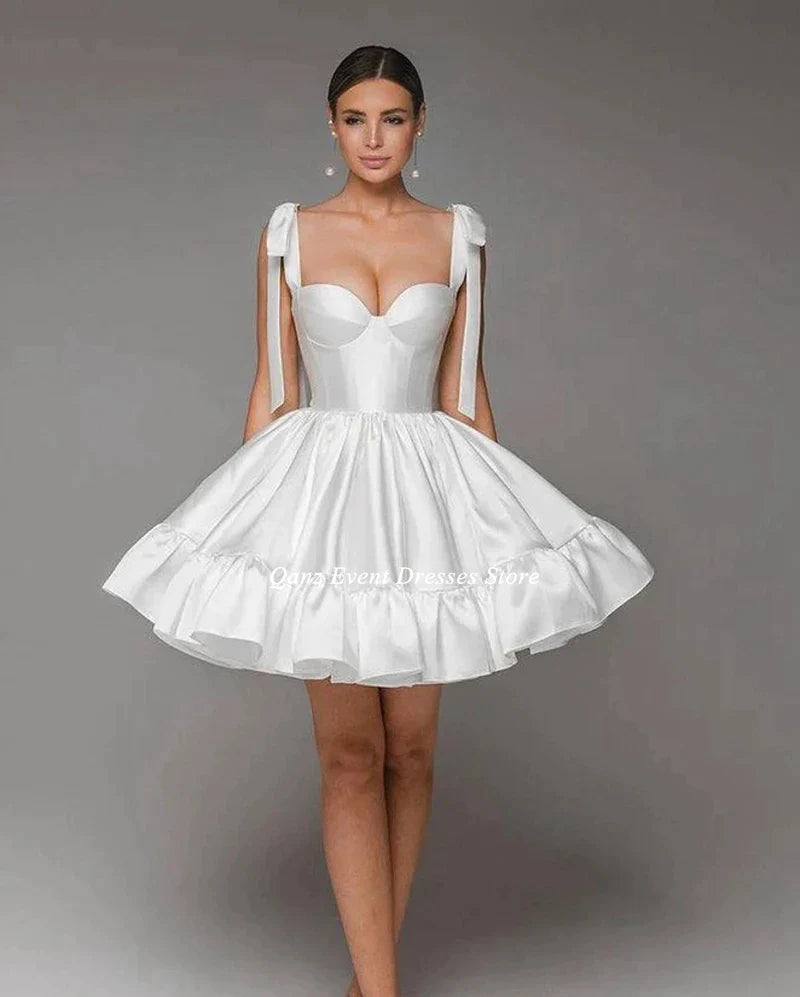 White Wedding Dress Spaghetti Straps Bow Bride Dress Short A line Marriage Dress Lace-up Back Party Dress Vestido De Noiva