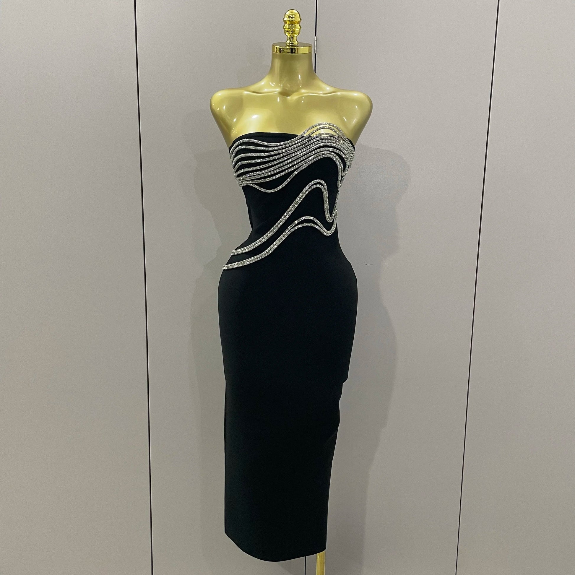 Sexy Strapless Diamond Lines Bodycon Bandage Long Dress Women Celebrity Red Carpet Elegant Evening Birthday Party Dresses