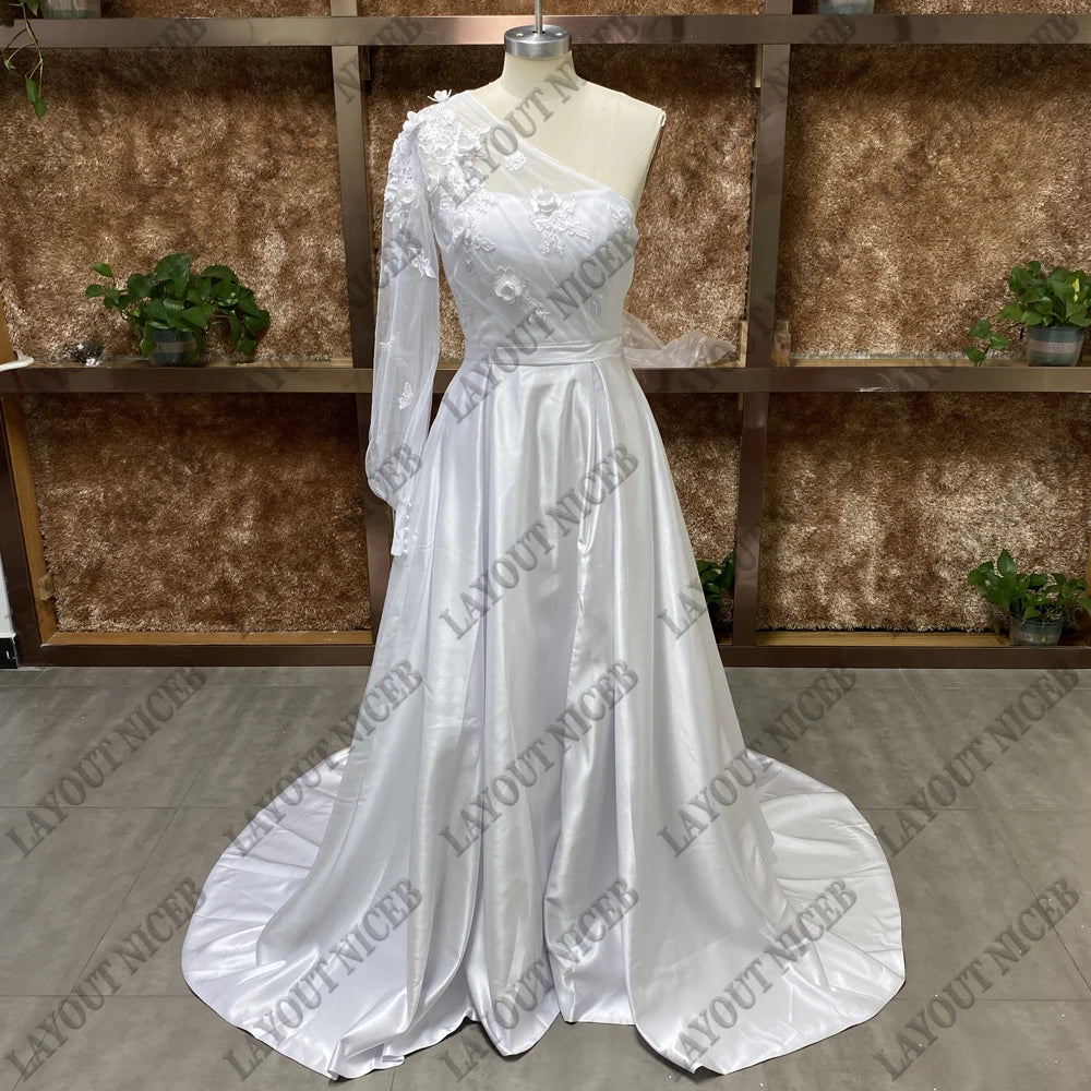 Lace Appliques One Puff Sleeve Wedding Dress Split Split Vestidos de Novia Stain Robe de Mariée Untuk Wanita Gaun Kereta Sapu Kustom