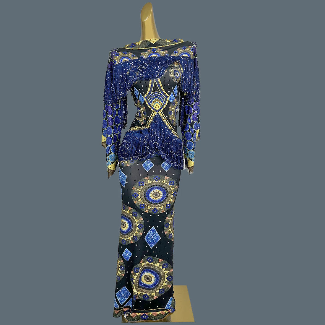 Spandex Bodycon Evening Gown Printing Tassel Long Dress Birthday Celebrate Party Queen Outfit Festival Event Couture Chengbao