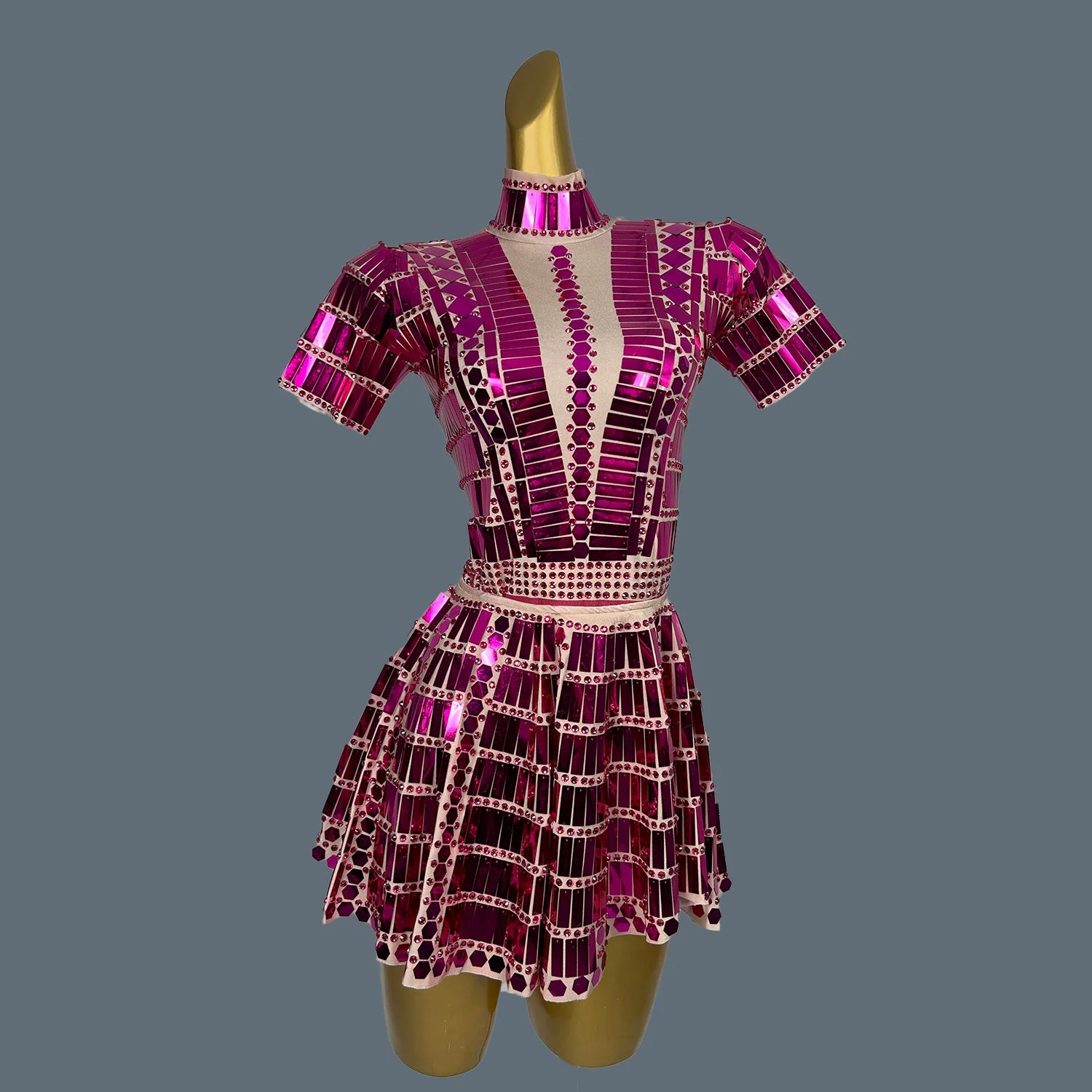 Mirrors Sequins Party Mini Spandex Mini Dress for Women Club Stage Dance Wear Party Celebrate Dress Dancer Show Lianghuanghuang Rose Red