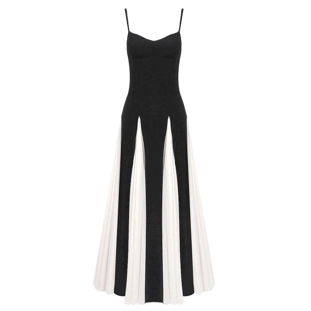 Color Block Spaghetti Straps Long Dress For Women Backless A-Line Maxi Celebrity Cocktail Party Evening Gowns Casual Vestidos black