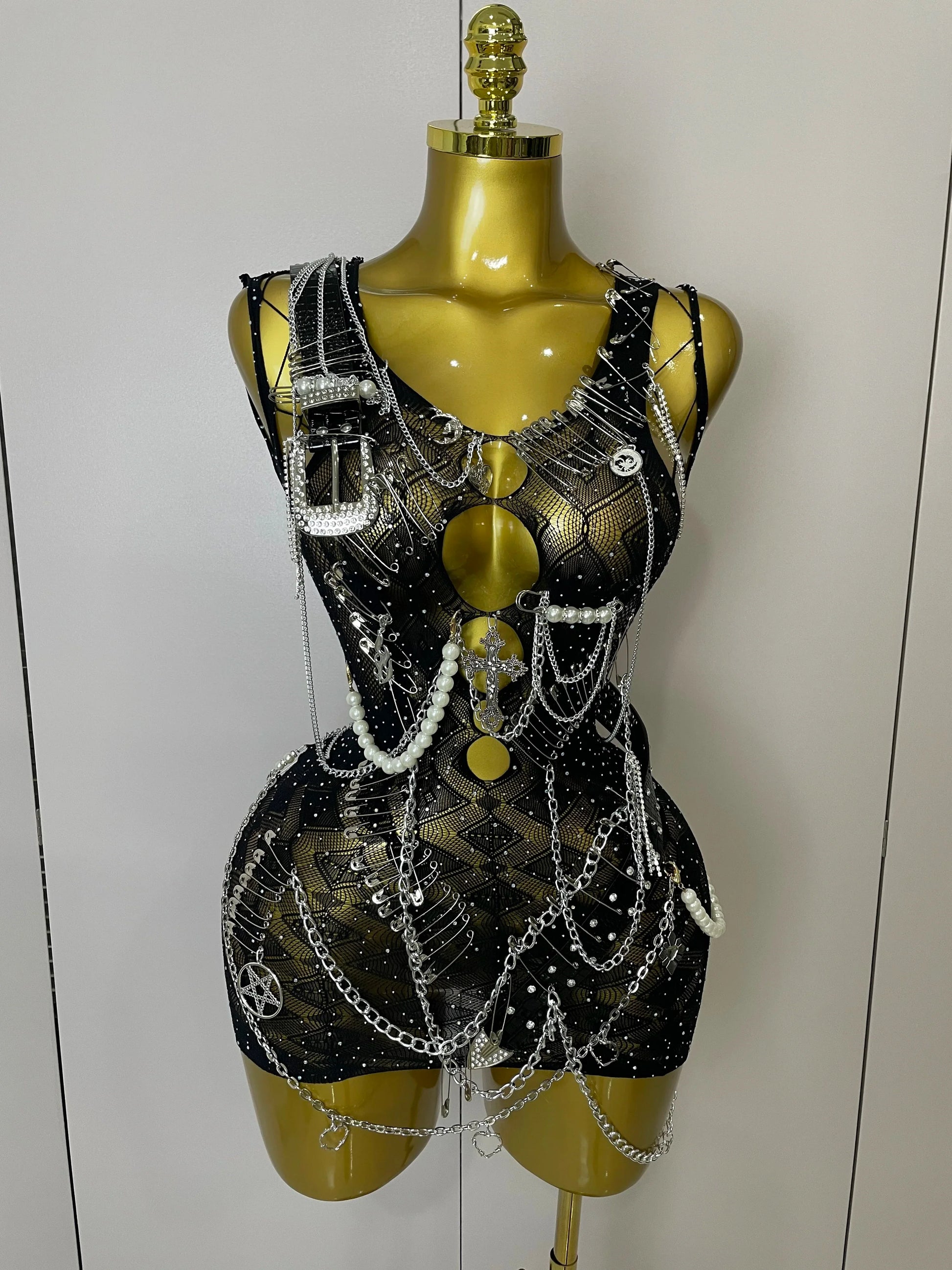 Sexy Fashion Pin Decoration Fringe Beading Short Party Dress Women Hollow Out Nightclub Performance Singer Costume black