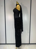 Women Sexy Strapless Sequin Black Maxi Long Bandage Three Piece Set Knitted Elegant Evening Club Party Birthday Prom Gowns
