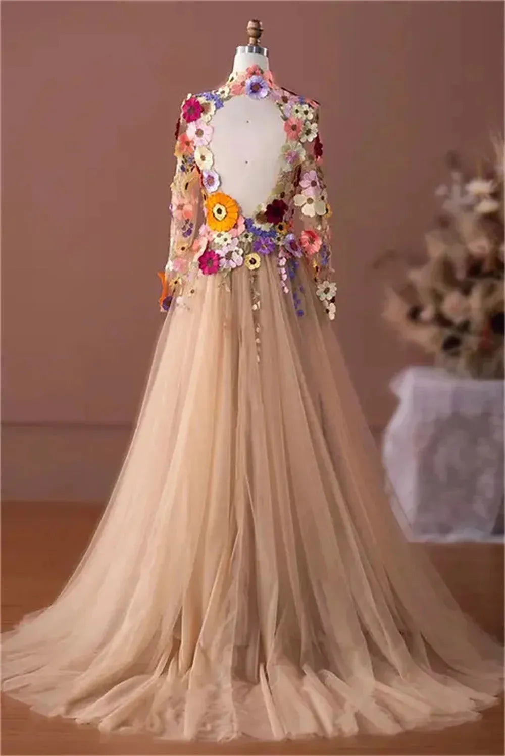 Flower Appliques Prom Dresses High Neck Tulle A-line فساتين السهرة Elegant Long Sleeves Floor-Length vestidos verano moda as pic