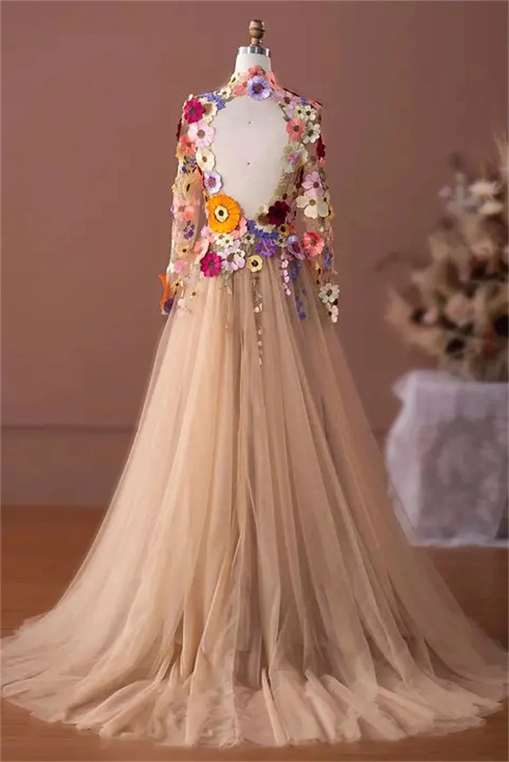 Flower Appliques Prom Dresses High Neck Tulle A-line فساتين السهرة Elegant Long Sleeves Floor-Length vestidos verano moda