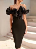 Elegant off shoulder Evening Dress Sexy Party Bandage Celebrity Night Club Women Cocktail Dresses Sleevelss Knee Length Luxury black