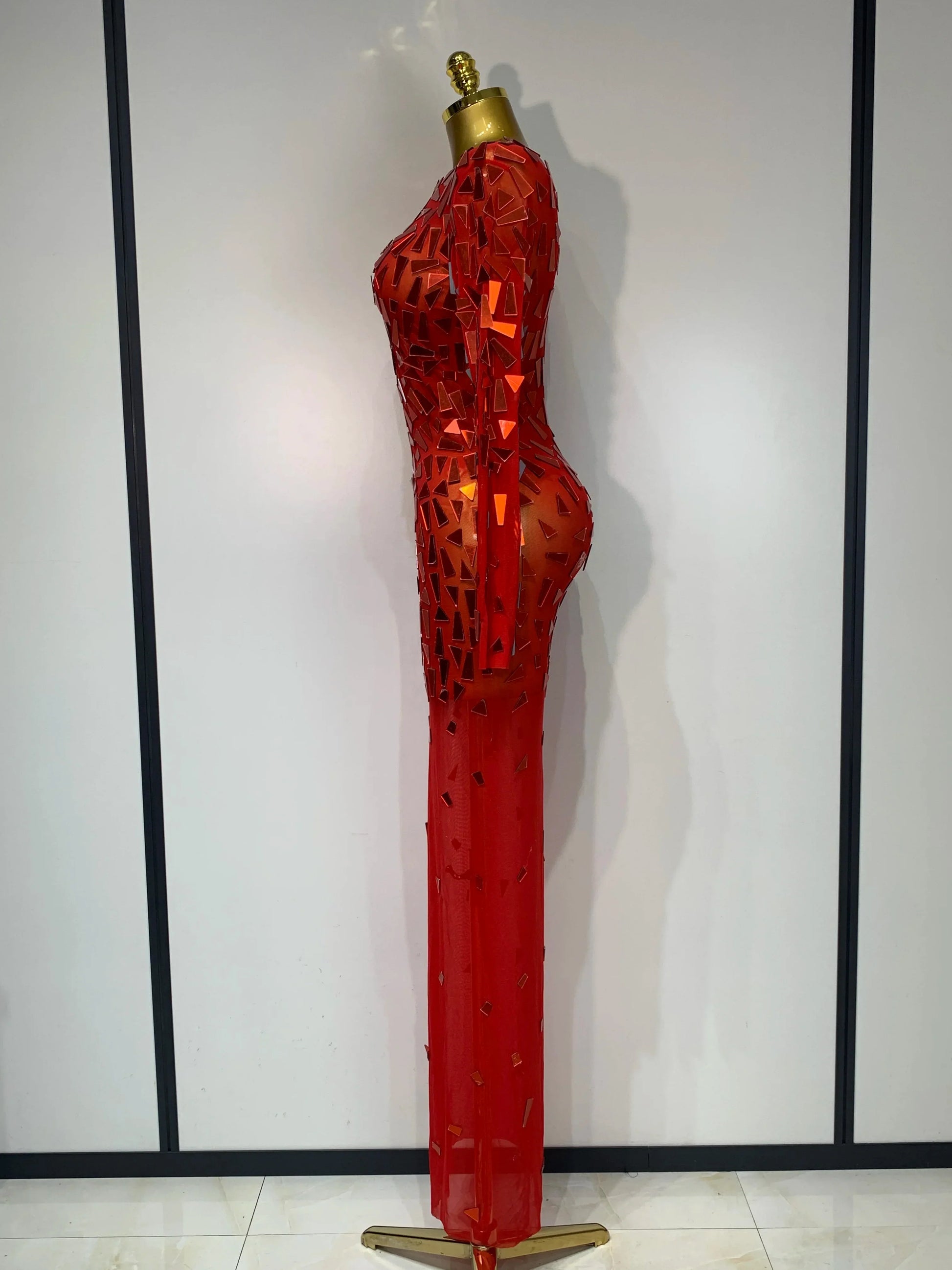 Sparkly Sequin Red Long Dress Luxury Birthday Celebrate Wedding Evening Prom Clothing Sexy Mesh See Through Strech Evening Gown