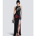 Big Eyes And Red Lips Patterned Diamonds High Slit Black Long Dress Woman Birthday Party Vestido Celebrity Party Outfit