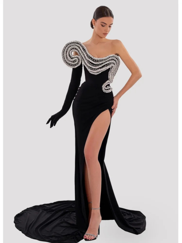 Dazzling Stereoscopic Rhinestone Design HIgh Slit Strapless Floor Length Dress Luxury Woman Evening Dress Red Carpet Vestido black