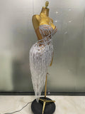 Sparkly Rhinestone Sequin Tassel Sexy Mini Skirt Two Pieces Set Women Birthday Celebrate Party Nightclub Stage Costume