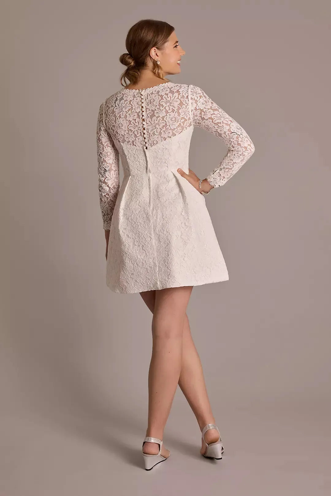 Long Sleeve Allover Lace Pleated Skirt Mini Dress Princess Court Train Bow Vestido De Novia Mermaid Wedding Dress Modern Satin Bridal Gown Satin