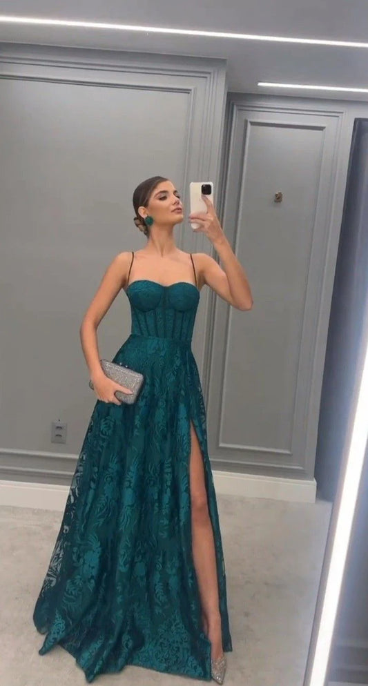 Vestido De Fiesta De encaje verde, línea A, tirantes finos, sin mangas, فساتين مناسبة رسمية, Vestidos De Noche sexys con abertura lateral alta