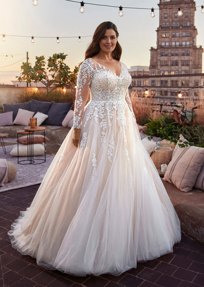 Vestidos de novia color champán ligeros de talla grande, manga larga, cuello en V, vestidos de novia de encaje, corte en A, talla grande 